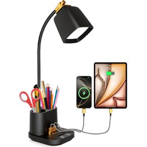 Desk Lamp with 2 USB Charging Ports, Desk Lamp for College Dorm Room Essentials for Girls,USB Charger Small Table Lamps with Pen Holder for Home Office,12 LED Light Modes Eye Caring for Kids,Guys,Nail