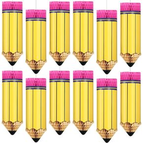 12 PCS Pencil Hanging Honeycombs Back to School Hanging Classroom Decorations Tissue Paper Honeycomb Pencil Ceiling Party Decorations for Classroom First Day of School Party Decor
