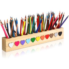 Colored Pencil Holder Organizer with 11 Holes Wooden Crayon Holder Organizer Wood Stationary Marker Crayon Caddy Desktop Storage Pencil Case Organizer for Art Supply