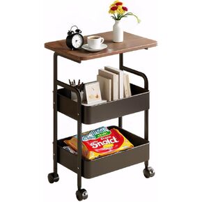 3-Tier Metal Utility Rolling Cart with Drawer & Wooden Table Top，with Fixed Wheel Locks,for Small Spaces Kitchen Storage，Office Bookshelves, Bedroom Racks, and Bathroom Storage. (Black)
