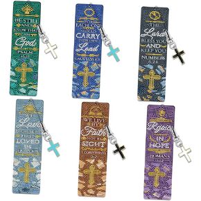 Christian Bible Diamond Art Bookmarks: 6 Pcs Bible Verse Diamond Painting Book Marks with Cross Pendant, Inspirational Religious Bookmark for Reading, DIY Crafts with Accessaries