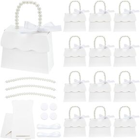 BENECREAT 16 Sets White Wedding Favors Box DIY Set, Kraft Paper Box with Pearl Handle, Ribbons, Stickers, Gift Boxes for Birthday, Party Favor, Boutique, Wedding and Anniversary