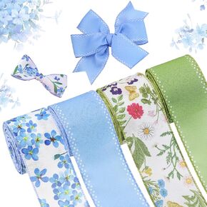 4 Rolls Floral Ribbons 2.5Inchx20 Yards Easter Ribbon Green and Blue Wildflowers Wired Edge Ribbons Spring Summer Retro Wild Crafts Ribbon Fabric Ribbons for Making DIY Wrapping Wreath Bow Party Decor