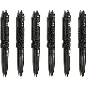 6 Pack Military Tactical Pen Set with 6 Black Ballpoint Refills for Writing, Emergency Glass Breaker Pen - Tungsten Steel