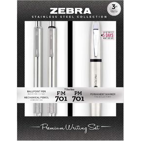 Zebra Pen Premium Steel Writing Set, PM-701 Permanent Marker, F-701 Ballpoint Pen, M-701 Mechanical Pencil, 3-Pack