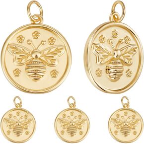 Beebeecraft 1 Box 10Pcs Gold Bee Charms 18K Gold Plated Honeybee Round Flat Charm for Jewelry Making Earring Necklace DIY Crafts
