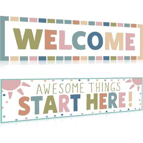 Boho Welcome Classroom Decorations Colorful Rainbow Awesome Things Start Here Bulletin Board Decor Pastel Welcome Banner Poster for Pre Elementary Middle School Wall Signs Supplies Teachers Kids