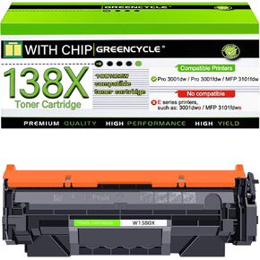 greencycle 138X W1380X [with Chip] Compatible Toner Cartridge Replacement for HP 138X W1380X 138A W1380A Work with Laser Jet Pro 3001dw 3001fdw MFP 3101fdw Series Printer (1 Pack, Black)