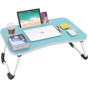 BUYIFY Folding Lap Desk, 23.6 Inch Portable Wood Blue Laptop Bed Desk Lap Desk with Cup Holder, for Working Reading Writing, Eating, Watching Movies for Bed Sofa Couch Floor