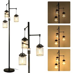 Industrial Farmhouse Rustic Lamp with 3 Glass Shades, Tall Standing Lamps with Dimmable Switch, Sturdy Base, Black Floor Lamps for Living Room Bedroom Office Home