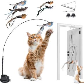 Cat Toys for Indoor Cats, Interactive Bird Cat Toy Self-Holding Suction Base with 5 Replaceable Birds, Door Hanging String, Feathers & Bells | Chase, Jump & Exercise for Kittens/Adult Cats