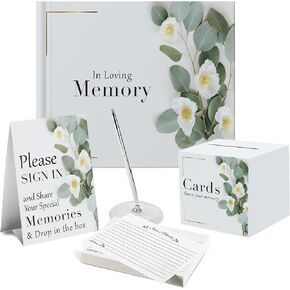 7 pcs Guest Book Set, Funeral Guest Book, Includes: Guestbook, 50 Memory Cards, Ball Pen+Pen Stand, Table Sign, Card Box, Mailer Box, Celebration of Life Guest Book, Registry Book, Memory Book