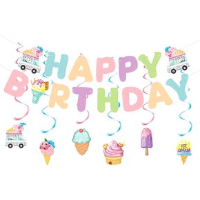 Birthday Decorations, Happy Birthday Banner Sign with Ice Cream Hanging Swirls Streamers, Lovely Happy Birthday Party Decorations for Kids Girls Boys