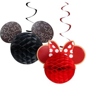 2 Pieces Micky Themed Birthday Decorations, Cartoon Honeycomb Balls with Hanging Swirls , Birthday Party Supplies Black and Red Table Decor for Kids, Women, Adults