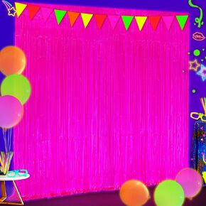 3 Pack Glow in The Dark Foil Fringe Curtains with Triangle Banner, Neon Party Decorations 9.9 x 6.6 ft Fluorescent Macaron Green/Orange/Fuchsia Glow in The Dark Party Supplies for Photo Booth Birthday