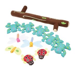 Constructive Playthings Five Green and Speckled Frogs Book Prop Set, Includes 5 Frog Toys, 5 Bugs, 1 Log, Toddler Toys for All Ages, 11-Piece Set