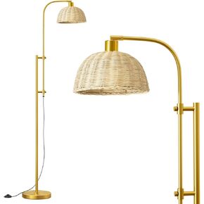 Oneach 65" Arc Floor Lamp for Living Room, Adjustable Height Gold Floor Lamps with Rattan Lampshade, Foot Switch, Boho Farmhouse Tall Lamp for Bedroom Corner Study Home Office