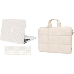 MOSISO Compatible with MacBook Pro 13 inch Case M2 2024-2016 A2338 M1 A2251 A2289 A2159 A1989 A1708 A1706, Checker Texture Grid PU Leather Coated Hard Shell Case&Keyboard Cover&Quilted Bag, Beige&Sand