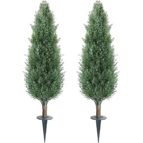 35" Artificial Boxwood Topiary Trees with Ground Spike Set of 2, Outdoor 3ft Faux Boxwood Topiaries Cone Bushes Trees Fake Shrubs Plants Front Porch Decor Outside Garden