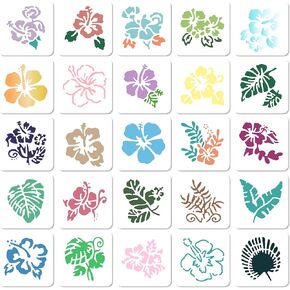 GORGECRAFT 25 Styles Hibiscus Stencils Reusable Plastic Flower Leaf Tropical Leaves Palm Tree Nature Floral Art Craft Drawing Template Stencil for Painting on Wood Rock Wall Furniture Scrapbooking