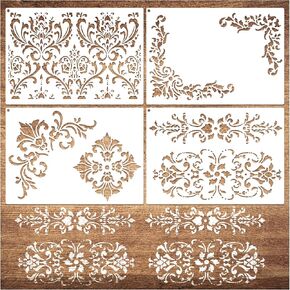 Large Damask Corner Stencils for Painting on Wood, 16 Inch Giant Wall Flower Floral Stencil for Walls Crafts Reusable Burning Drawing Art Paint for Furniture Canvas Wallpaper (Corner4)