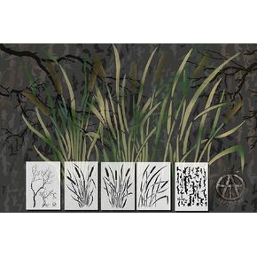 Acid Tactical® 5 Pack - 14" Camouflage Airbrush Spray Paint Stencils - Duracoat Gun Duck Boat Camo - Cattails Bark & Gnarly Branch Set