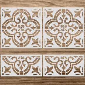 Zonon 4 Pcs Large Floor Stencil for Painting Floors 2 Pcs 18 x 18 Inch, 2 Pcs 18 x 9 Inch Reusable Tile Stencil Wall Drawing Templates Pattern for DIY Scrapbooks Wall Home Decors