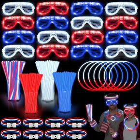 TURNMEON 248 Pcs 4th of July Light Up Party Favors, 24 Red White Blue Glasses 200 Patriotic Glow Sticks Bulk with Connectors Glow in the Dark Party Supplies Independence Day Decor