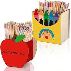 2 Pack Teacher Appreciation Gifts Pencil Shape Pencil Holder Apple Wooden Pencil Holder Organizer for Last or First Day of School Classroom Thank You Teacher Gift