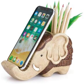 Pen Pencil Holder with Phone Stand, COOLBROS Resin elephant Shaped Pen Container Cell Phone Stand Carving Brush Scissor Holder Desk Organizer Decoration for Office Desk Home Decorative (Retro Brown)