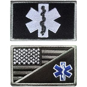 Antrix 2 Pack Tactical Black US Flag/EMT EMS Star of Life Paramedic Medic Aid Cross Applique Fastener Hook and Loop Badge Emblem Patch for Backpacks Caps Hats Bags Medical Use