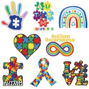 8Pcs Autism Awareness Iron on Patches Colorful Jigsaw Puzzle Ribbon Rainbow Sew on Repair Embroidered Applique Charity Event DIY Crafts Love Support Gift for Asperger’s Clothing Backpack Hat