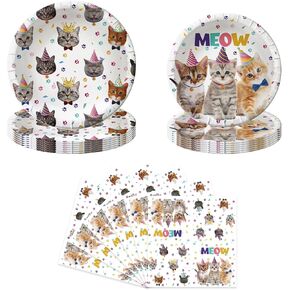 40 Pcs Cat Birthday Party Plates Napkins, Kitten Paper Tableware Set, Cat Theme Decoration Supplies for Kids Birthday Party, Serves 10 Guests
