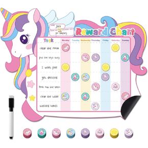 Pickmesh Unicorn Reward Chart for Kids Magnet Behavior Toddler Chore Chart Responsibility Board with 72 Magnetic Stickers 1 Dry Erase Marker Routine Potty Training for Girl