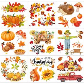 9 Sheet Thanksgiving Rub on Transfer Decals Fall Vintage Furniture Pumpkin Turkey Maple Leaves With Wood Tool for Fall Thanksgiving, 5.5 x 5.7 Inch (Pumpkin)