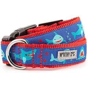The Worthy Dog Chomp Shark Ocean with Red Fish Pattern Designer Adjustable and Comfortable Nylon Webbing, Side Release Buckle Collar for Dogs - Fits Small Dogs, Blue Color-Small