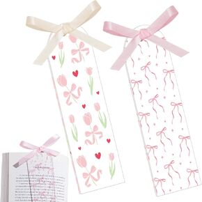 2 Pcs Acrylic Coquette Bookmark for Women Cute Clear Pink and White Bow Tulip Book Mark with Satin Bow Ribbon Bowknot Tulip Aesthetic Page Marker for Reading Lovers Birthday Gift