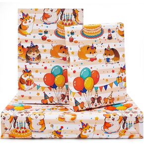 AircooL Hamster Birthday Wrapping Paper for Kids Boys Girls, Cute Hamster with Cake Balloon Banner Animal Party Wrapping Paper 6 Sheets Foled Flat 20x28 Inches per Sheet, For Birthday Wedding Party