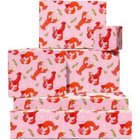 CENTRAL 23 Red And Pink Wrapping Paper - Lobster Drinks - 6 Funny Gift Wrap Sheets - Giftwraps For Birthday Christmas Anniversary - Includes Tags - For Men Women Men Him Her Adult - Recyclable
