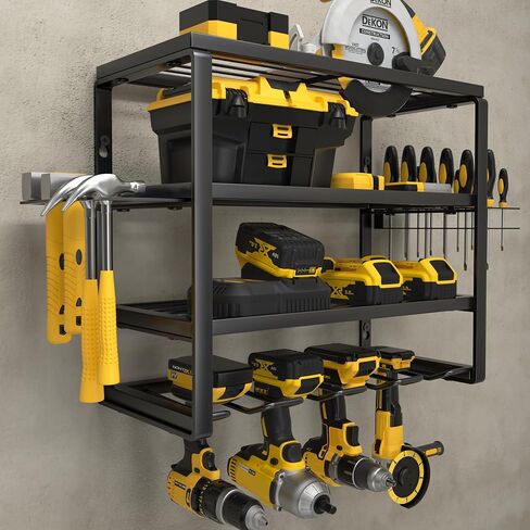 4 Layer Power Tool Organizer Wall Mount, Cordless Drill Hanger Storage Rack, Battery Tools Holder with Charging Station Shelf for Garage Organization, Workshop, Pegboard, Shed - 32 Inch 8 Slots in Kuwait