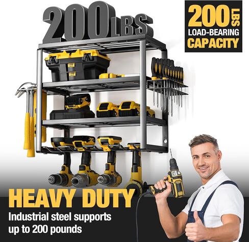 4 Layer Power Tool Organizer Wall Mount, Cordless Drill Hanger Storage Rack, Battery Tools Holder with Charging Station Shelf for Garage Organization, Workshop, Pegboard, Shed - 32 Inch 8 Slots in Kuwait