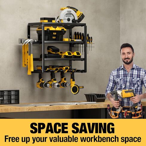 4 Layer Power Tool Organizer Wall Mount, Cordless Drill Hanger Storage Rack, Battery Tools Holder with Charging Station Shelf for Garage Organization, Workshop, Pegboard, Shed - 32 Inch 8 Slots in Kuwait
