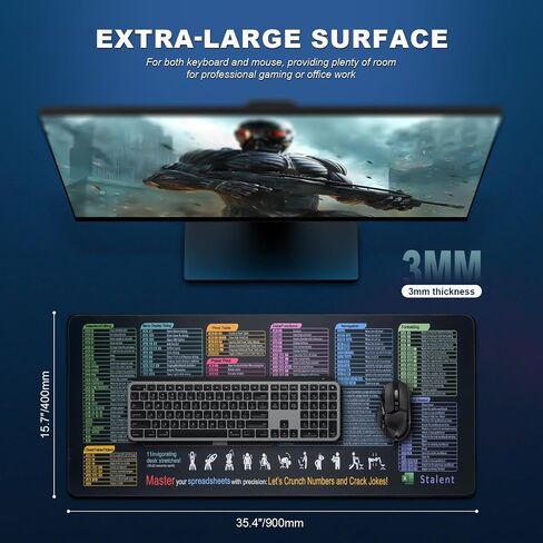 Large Mouse Pad, Excel Shortcut Keys Desk Mat 35.43" x 15.74" XXL Cheat Table Gaming Mousepad with Non-Slip Sewn Edge Rubber Base Waterproof Keyboard/Mouse/Desktop Mat for Home and Office in Saudi Arabia