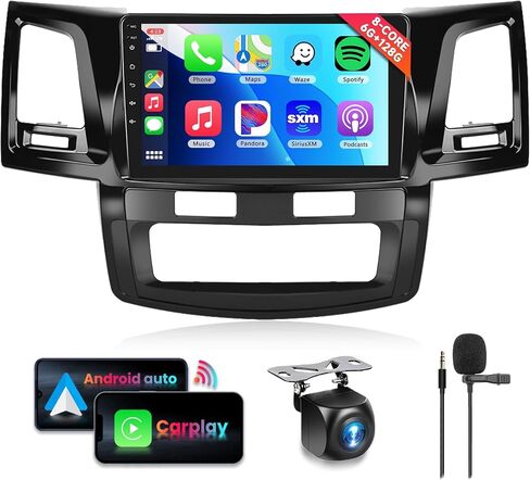 راديو سيارة 8 Core+6G+128G لسيارة Toyota HILUX 2005-2014، ستيريو سيارة Apple Carplay Android Auto لاسلكي، شاشة لمس IPS 9 بوصة مع WiFi، GPS، بلوتوث، FM/RDS، 32EQ DSP، كاميرا خلفية in Kuwait