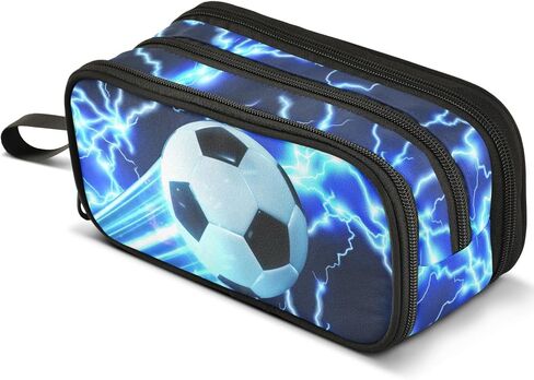 ALAZA Soccer Large Pencil Case, Blue Lightning Pen Pouch Pencil Bag with 3 Compartments Pen Holder Organizer Stationery Bag in Saudi Arabia
