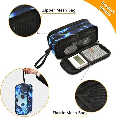 ALAZA Soccer Large Pencil Case, Blue Lightning Pen Pouch Pencil Bag with 3 Compartments Pen Holder Organizer Stationery Bag in Saudi Arabia