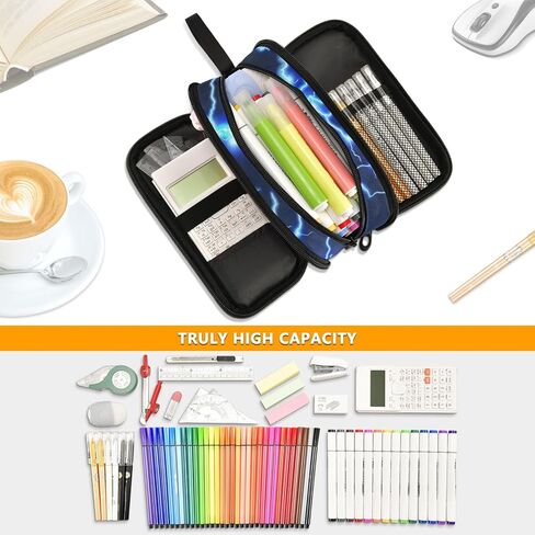ALAZA Soccer Large Pencil Case, Blue Lightning Pen Pouch Pencil Bag with 3 Compartments Pen Holder Organizer Stationery Bag in Saudi Arabia