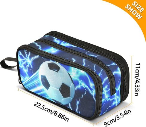 ALAZA Soccer Large Pencil Case, Blue Lightning Pen Pouch Pencil Bag with 3 Compartments Pen Holder Organizer Stationery Bag in Saudi Arabia
