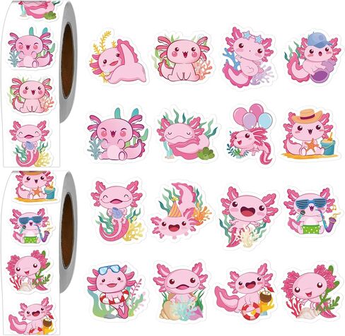 ملصقات Axolotl الوردي لفة - 1000pcs ملصقات السمندر اللطيفة لمحبي عيد ميلاد Axolotl تفضل الإمدادات الزخمة ، شارات لاصق ذاتية لخلاصات مخطط الكمبيوتر المحمول ، 16 تصاميم in Kuwait