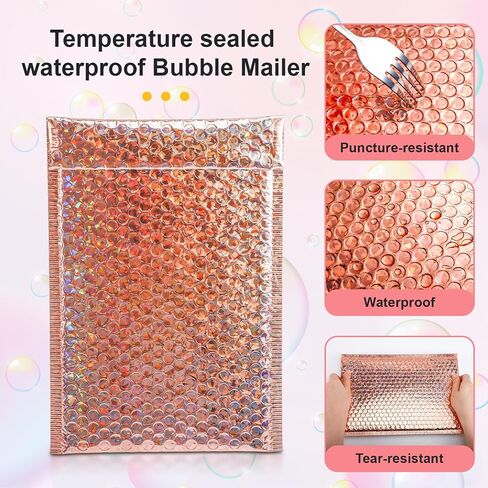 30 Pack Holographic Bubble Mailers,Waterproof Self Sealing Poly Padded Envelope,Metallic Mailing Envelopes Bubble Padded,Cushion Envelopes for Shipping Mailing Packing,11 x 7 Inch,Rose Gold in Kuwait